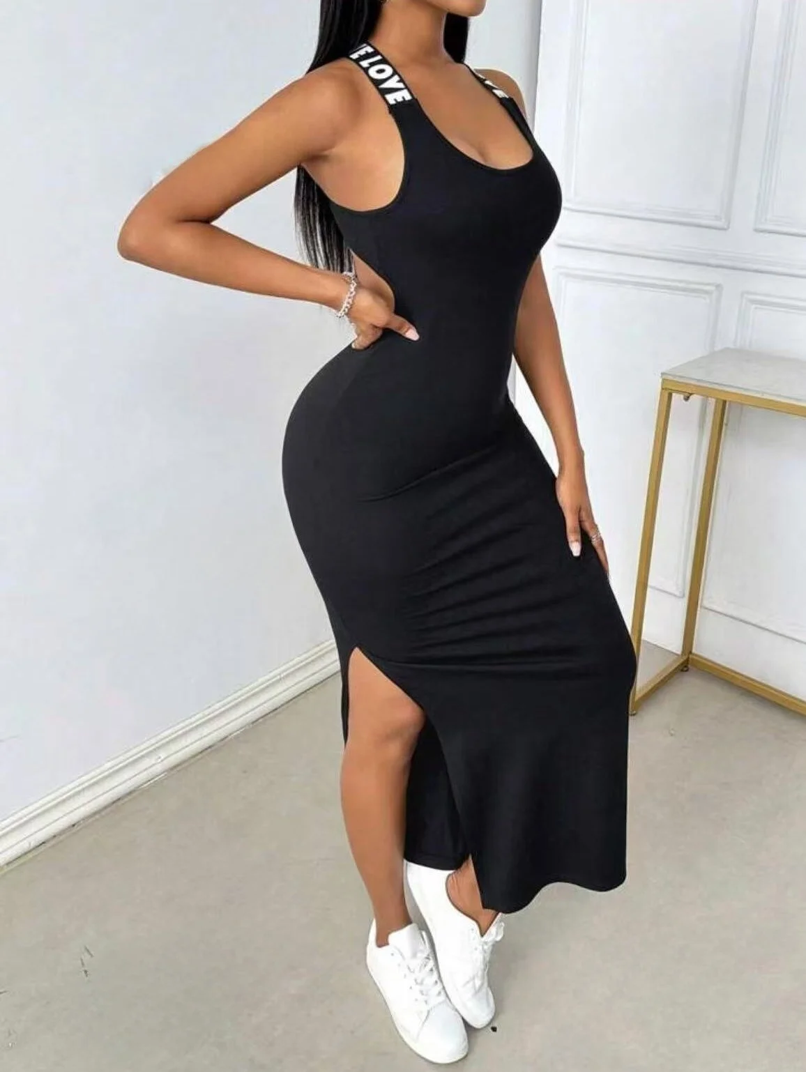 Robe longue fendue sans manches à imprimé personnalisé, ceinture tissée, dos nu, mince, européenne et américaine, printemps et été