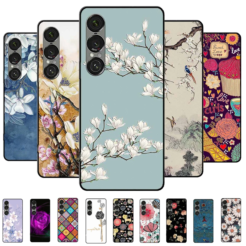 Fundas con estampado de flores 3D para Sony Xperia 1 VII / 1VI, Funda de silicona suave con relieve en relieve para Xperia 1VII, Funda con relieve Sony1VI