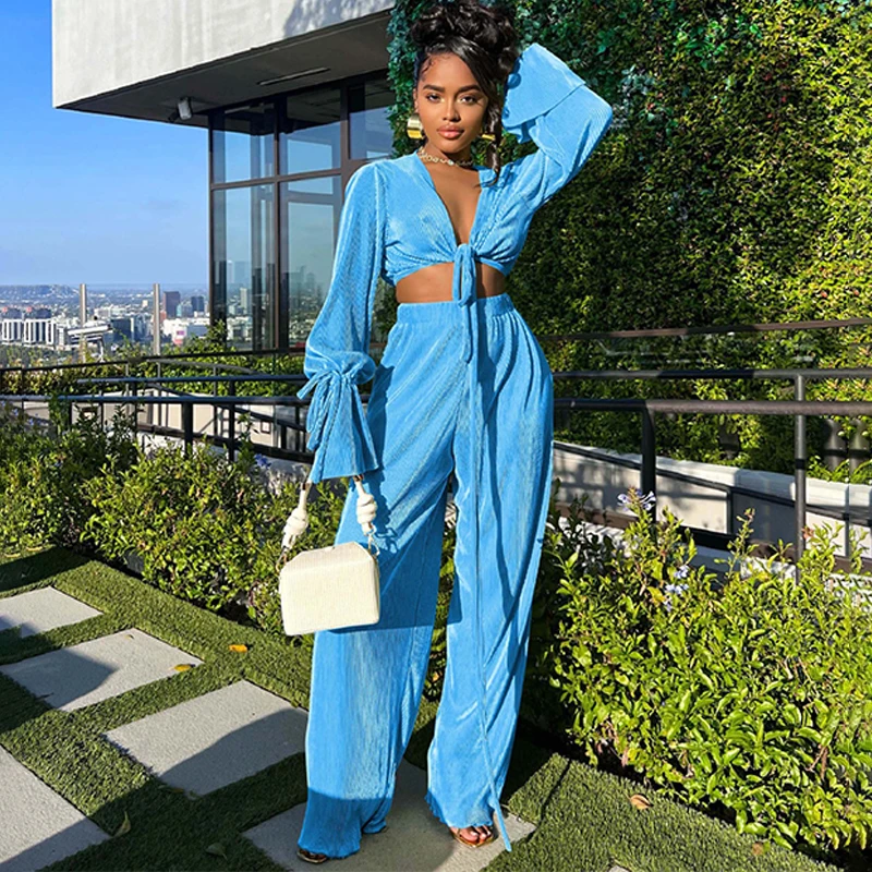 Casual Pleated 2 Two Piece Set Women Autumn Outfit Tracksuit Solid Lace Up Long Flare Sleeve Blouse Crop Top Wide Leg Pants Suit