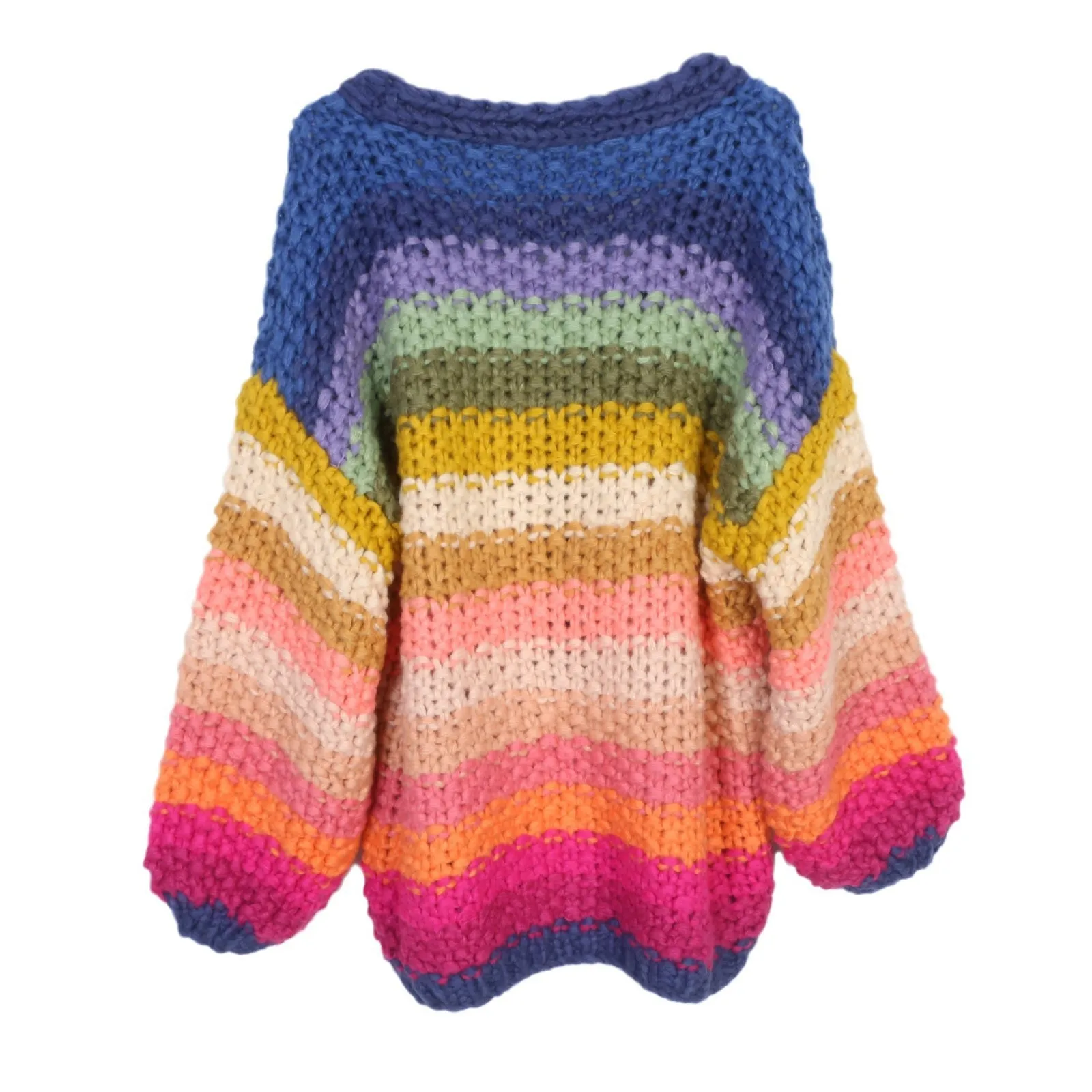 New European and American Style Rainbow Color Handmade Small Flower Stripe Lazy Thick Needle Sweater Coat Women's Ropa Mujer