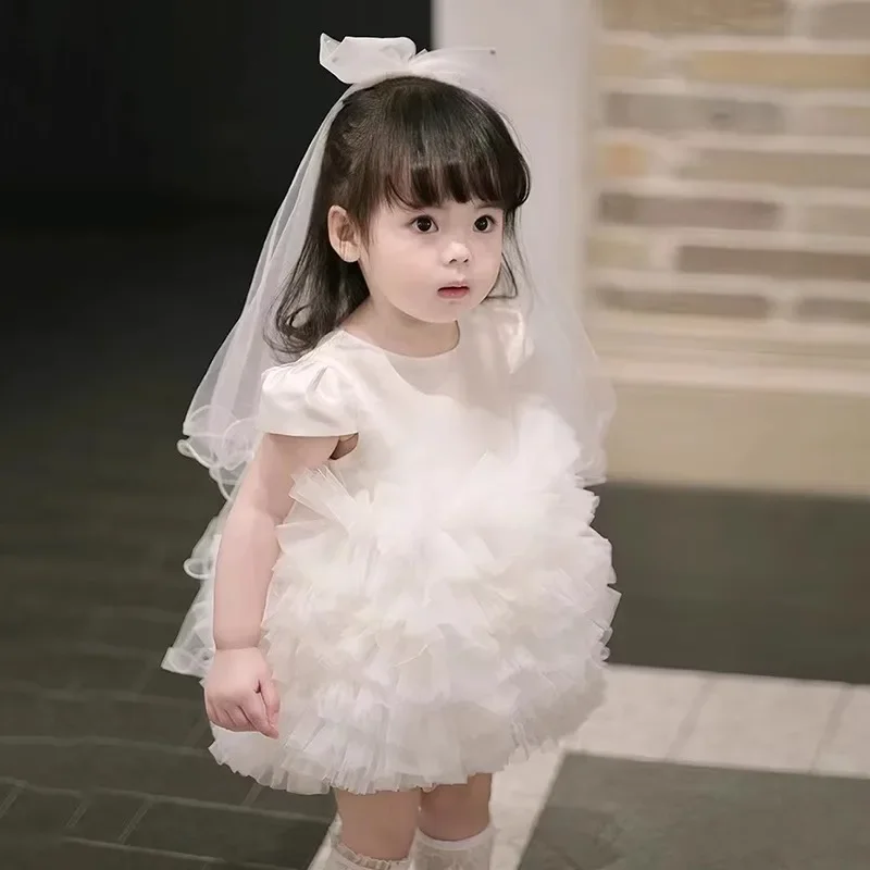 

Белое платье для девочек на первый день рождения, многослойное платье-принцесса, элегантное тюлевое платье-пачка, одежда для вечеринок, костюм на Ид