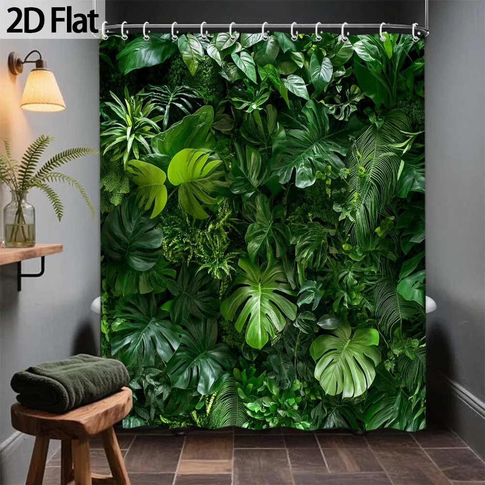 Tropical Rainforest Shower Curtain, Lush Green Monstera Palm Leaf Print, Jungle Botanical Bathroom Decor, Waterproof Polyester