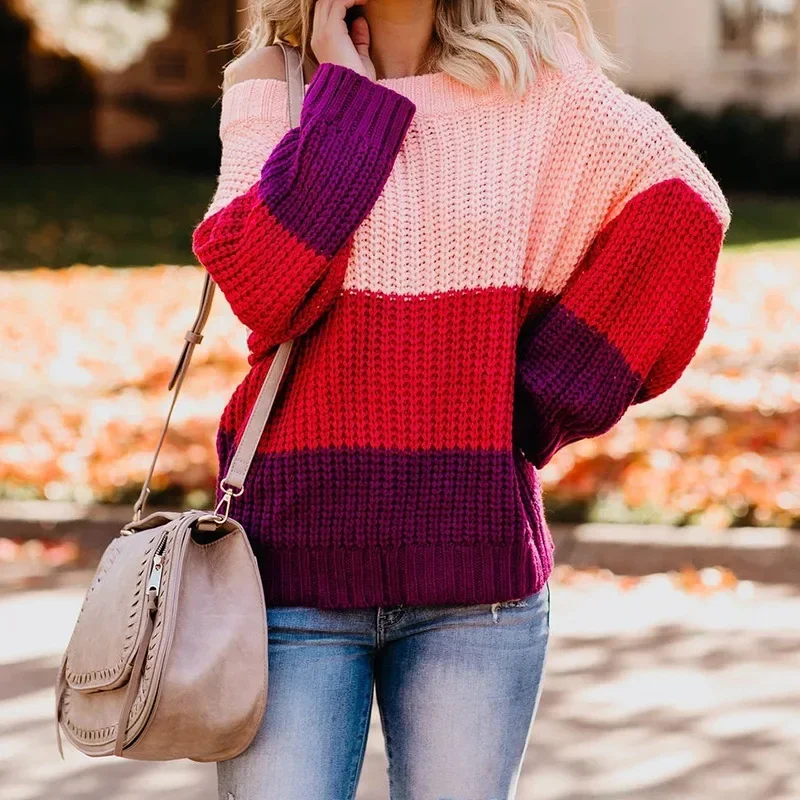 Off Shoulder Knit Sweaters Color Block Women Fashion Casual Pullovers Female Long Sleeve Tops Ladies Clothes Autumn Winter