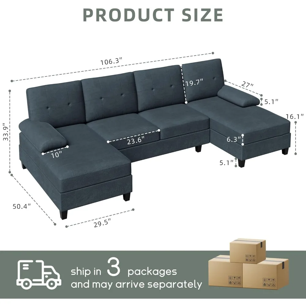 U Shaped Sectional Sofa with Double Chaise,4-Seat Living Room Furniture Sets with Soft Cushion & Linen Fabric, Dark Grey