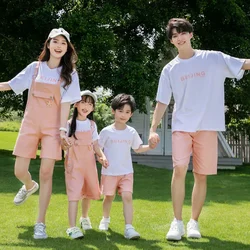 Summer Family Matching Pink Outfits Mom and Daughter Jumpsuit Two Piece Sets Dad and Son White Tees Suit Parent-child T-shirt