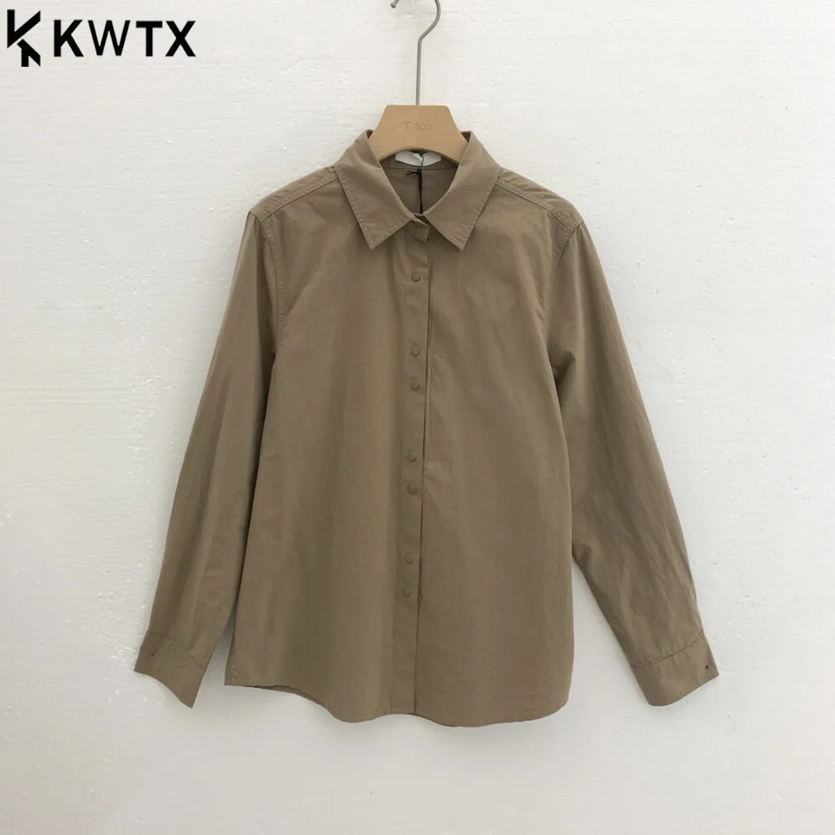 

KWTX 2025 Новое поступление, женская повседневная однотонная хлопковая блузка с длинными рукавами, элегантная шикарная однобортная осенне-зимняя блузка высокого качества