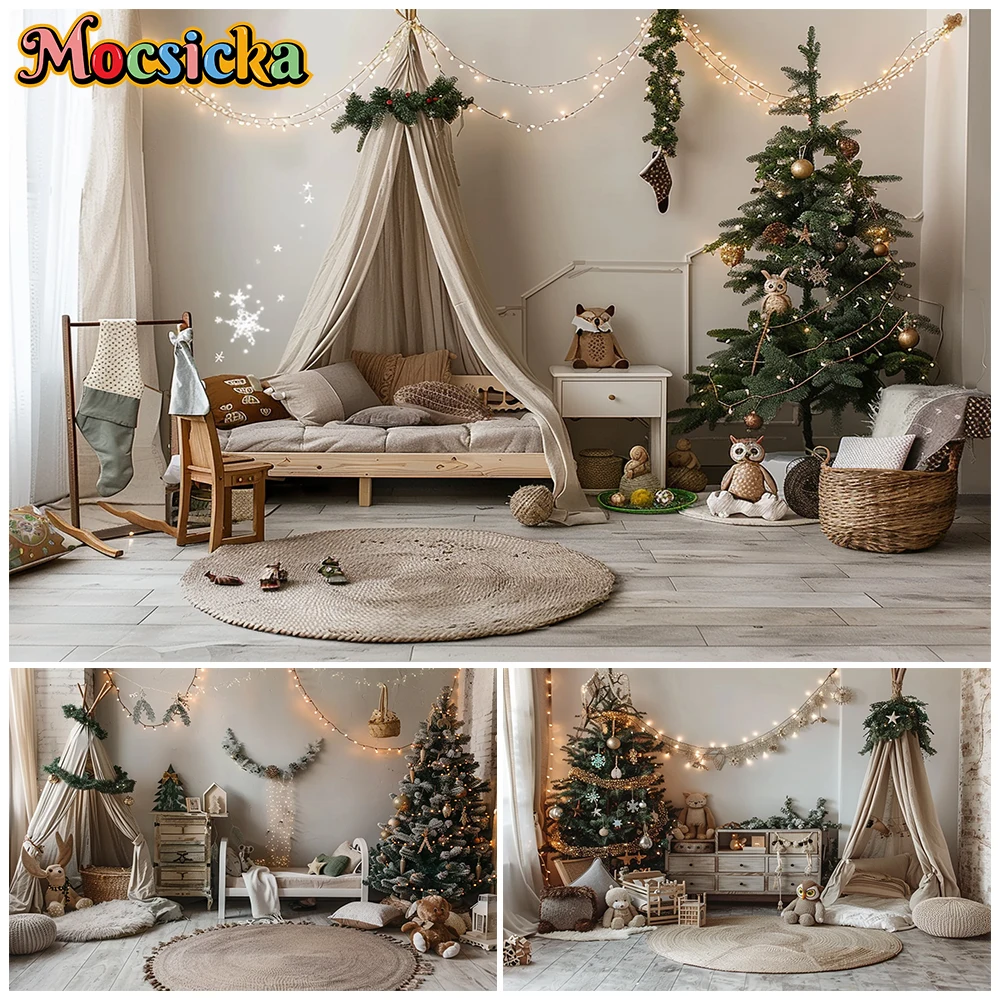 Mocsicka Christmas Kids Room Backdrop Canopy Bed Neutral Boho Tree Owl Toy Holiday Photography Background Studio Props Wallpaper