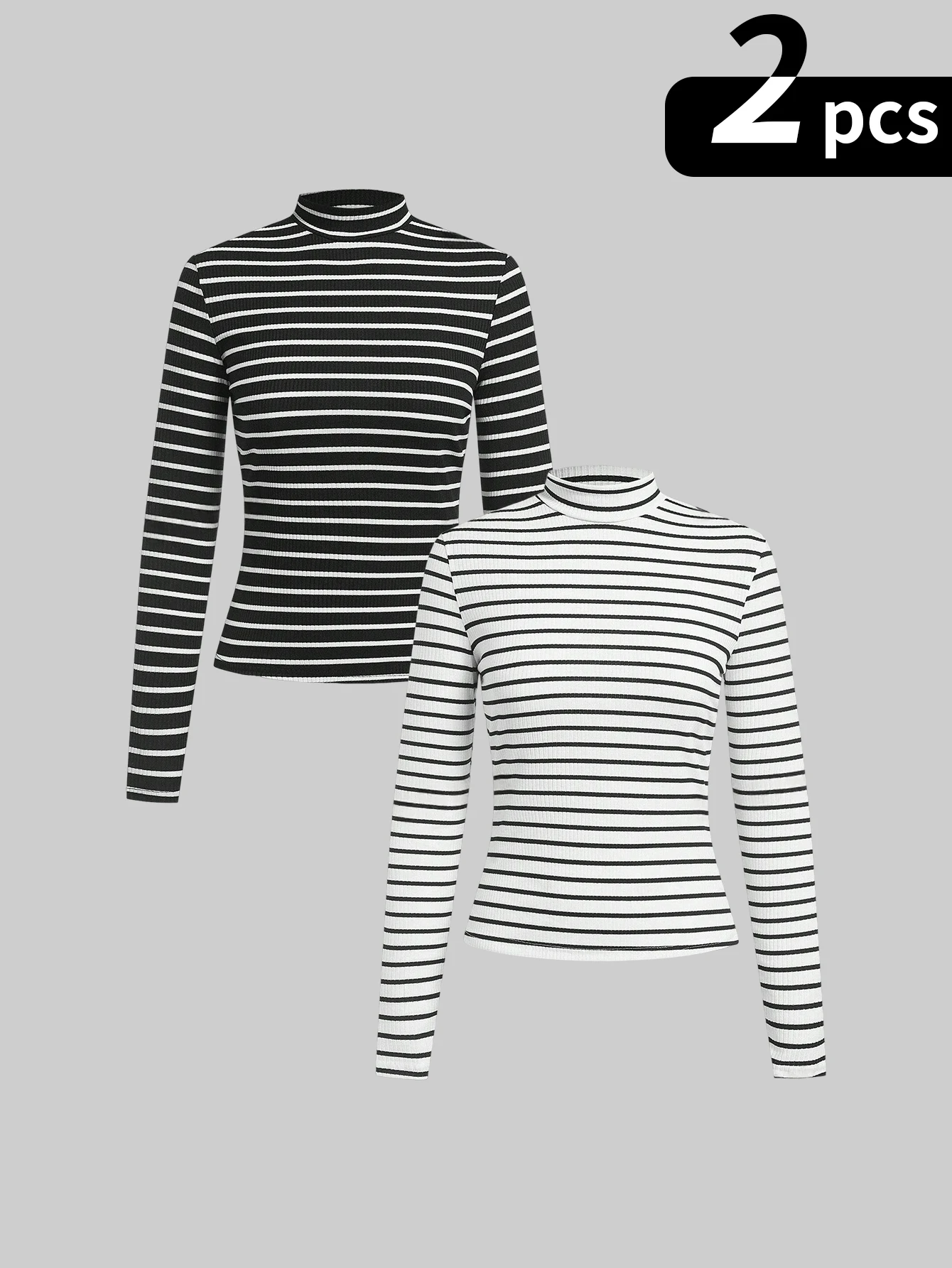 Two Piece Simple Versatile Womens High Neck Fitted Long Sleeve Knit Base Layer T Shirts 2 Pack