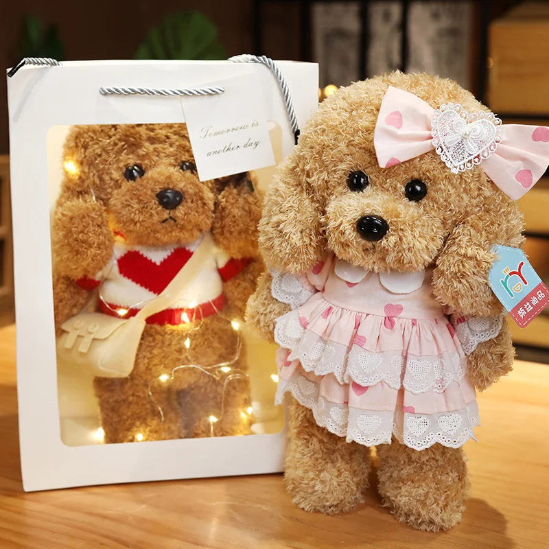 Vestido recheado de cachorro de pelúcia para meninas e meninos, bonecas animais realistas macias, cachorro marrom, peluches para escritório, decoração de casa, brinquedos de pelúcia, presentes