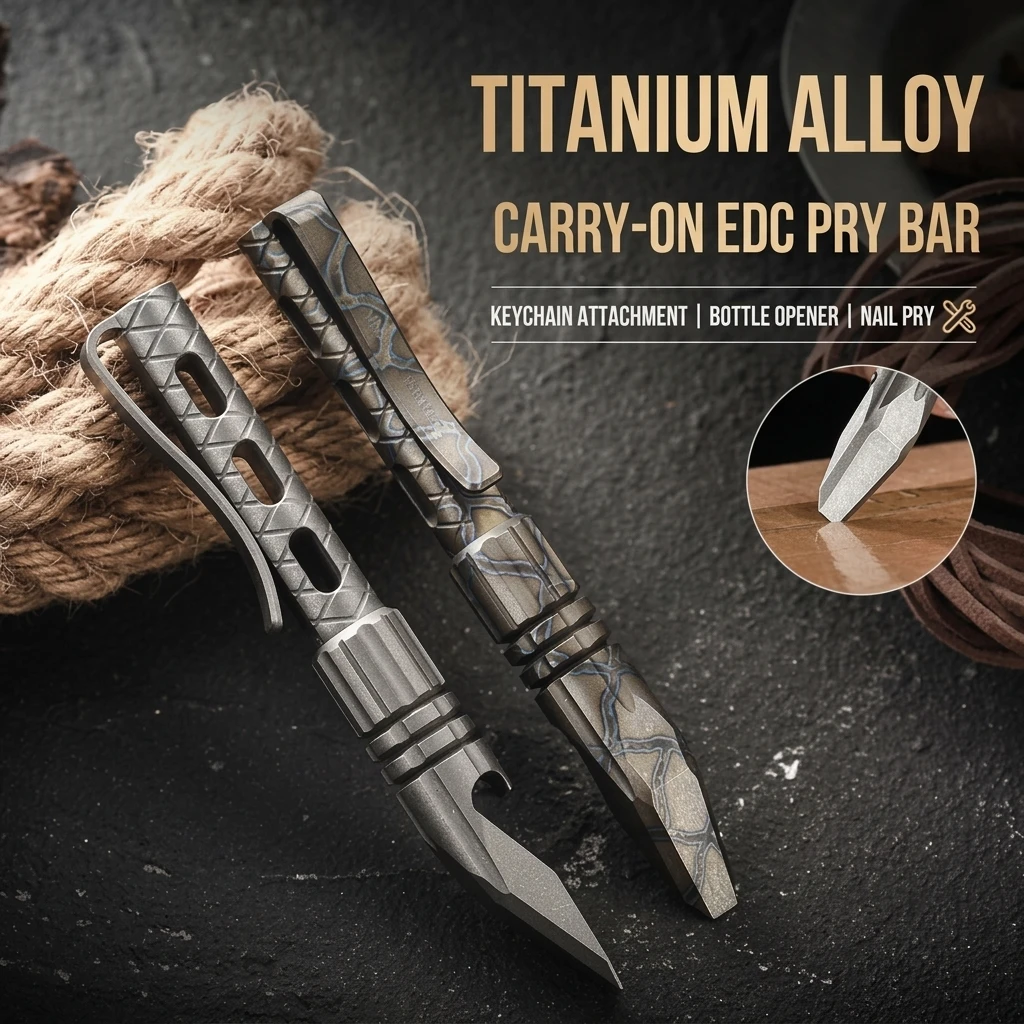 YGTITAN Titanium EDC Pry Bar Keychain Multitool, Portable Bottle Opener & Survival Gear for Camping, Burnt Ti