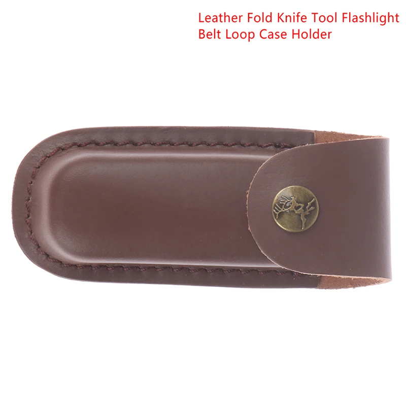 Brown Fold Knife Tool Flashlight Belt Loop Case Holder Leather Sheath Pocket Folding Knife Cover Hunt Camp Outdoor Carry Case