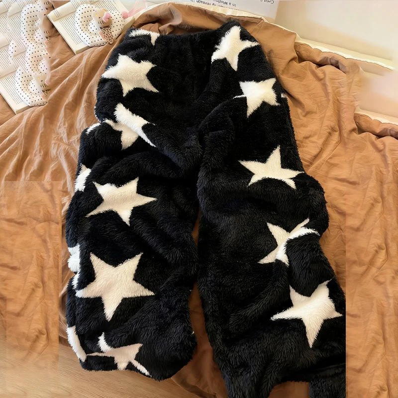 Cute soft waxy simple  pajama pants women's coral fleece autumn and winter fleece thickened thermal  casual wide-leg trousers