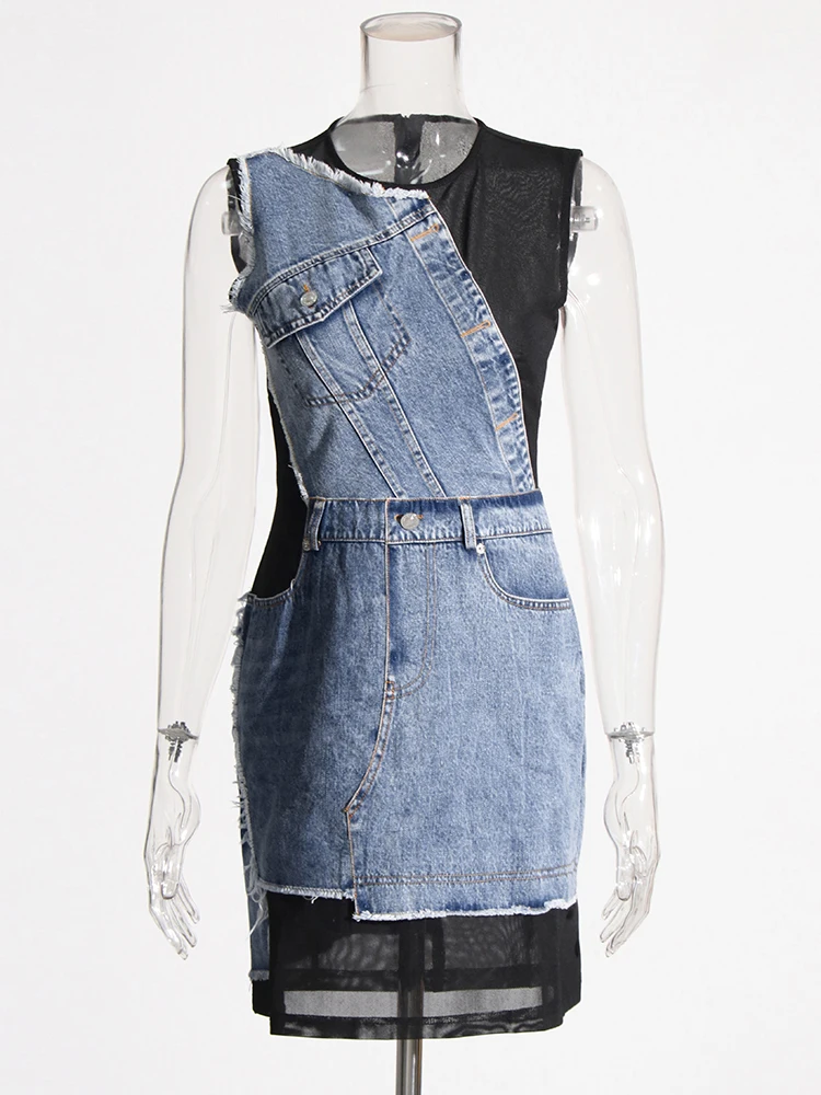 Colorblock Designer Patchwork Denim Dress For Women Round Neck Sleeveless High Waist Spliced Button Dresses Female