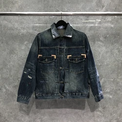 Denim Jacket Men's Retro Heavyweight Knife Cutting Patch Loose Tooling Jacket Fashion Casual Cotton Washing Denims Coat