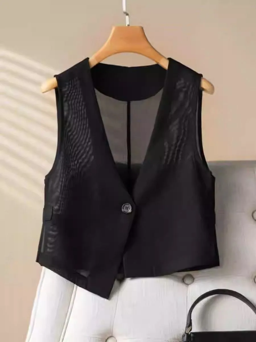 One-Button Irregular See Through Mesh Suit Vests Women Summer Thin Sleeveless Jackets Coat Slim Fitted V-neck Black Cover Up Top