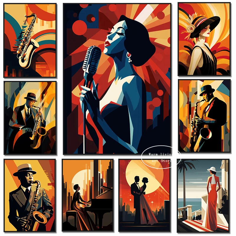 Retro Jazz Musician Saxophone Poster Prints Jazz Band Music Lady Singer Canvas Painting Wall Art Picture Living Room Home Decor