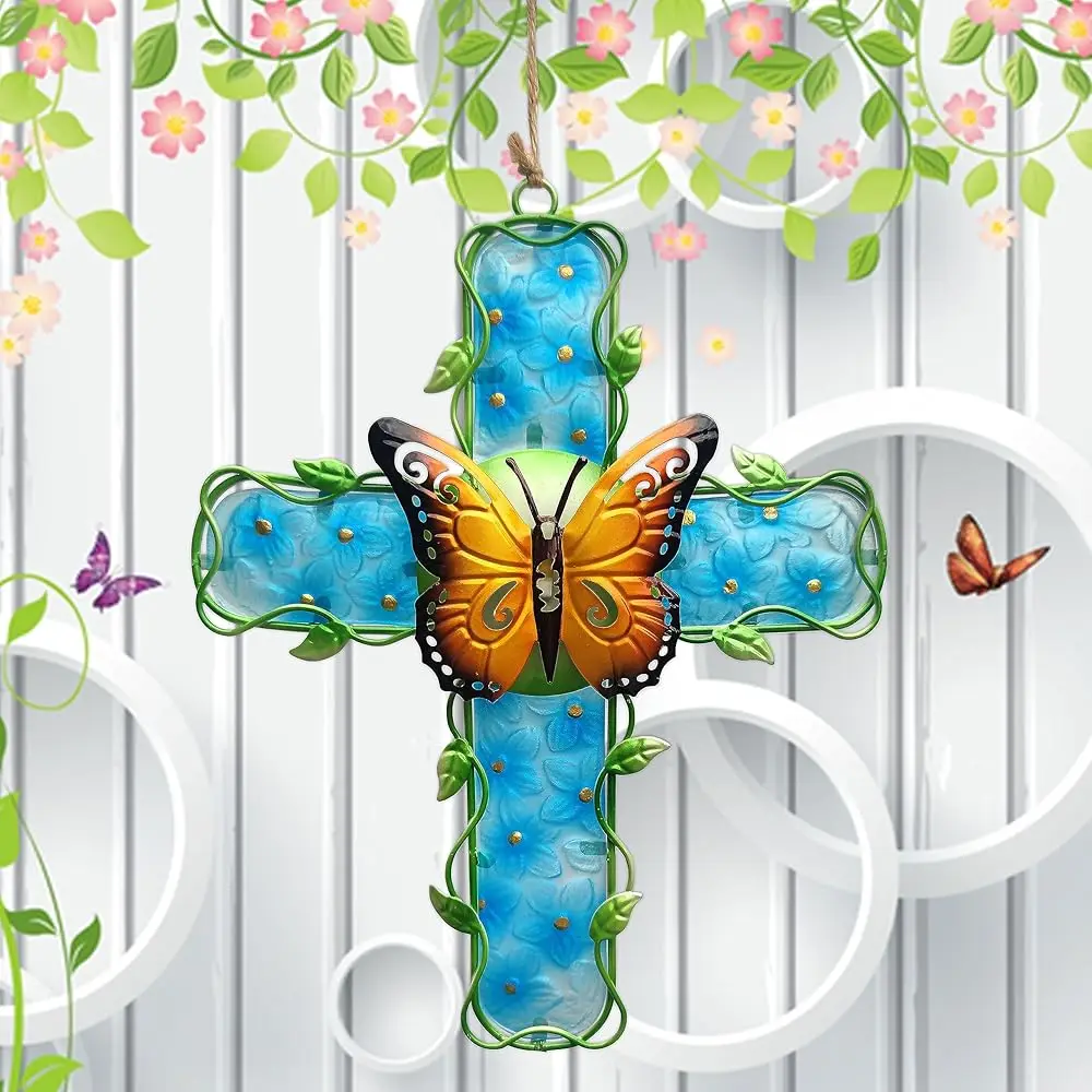 Cross Metal Wall Art Decor-Metal&Glass Cross Blue Hydrangea Flower Hanging -Decorations for Outdoor Indoor Home Garden-Doors