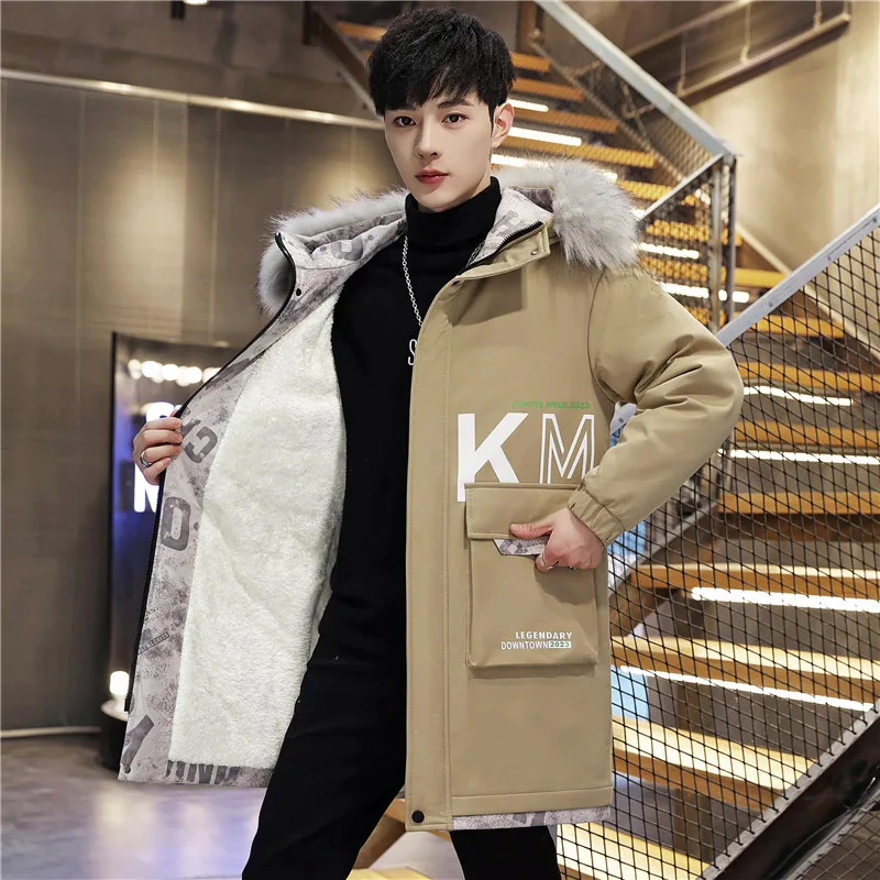 New 2024 Men\'s Autumn Winter Thicken Hooded Plush Jackets Outwear Mid-Length Warm Fleece Coat Windproof Top Long Parkas Clothing