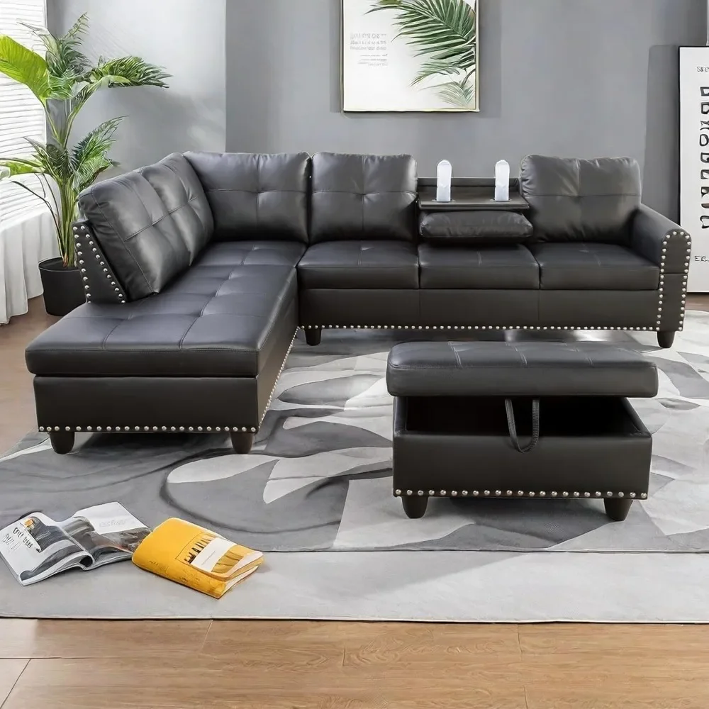 

L-shaped segmented sofa, convertible lounge leather sofa, modern modular segmented sofa with nail head design