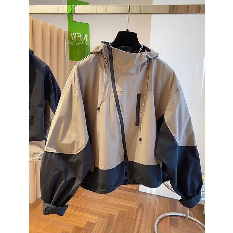 Autumn Hooded Splicing Together Ladies Outwear Loose Fitting Windproof Female Tops Coat 2024 Fashion Stormtrooper Women Jacket