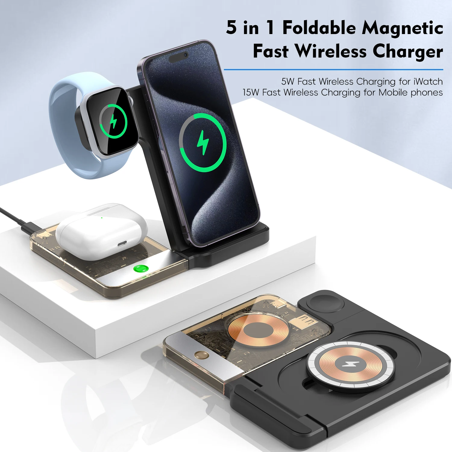 

5 In1 Foldable fast Wireless Charger For foldable Phone iWatch AirPods iPhone lPortable Travel Charger with light
