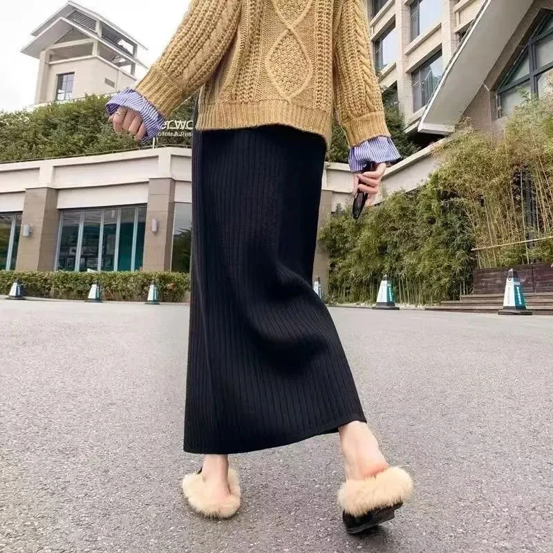 Women Skirt Korean High Waist Ribbed Knit Long Pencil Skirt Black Slim Fit Elegant Casual Office Workwear Autumn Winter Skirt