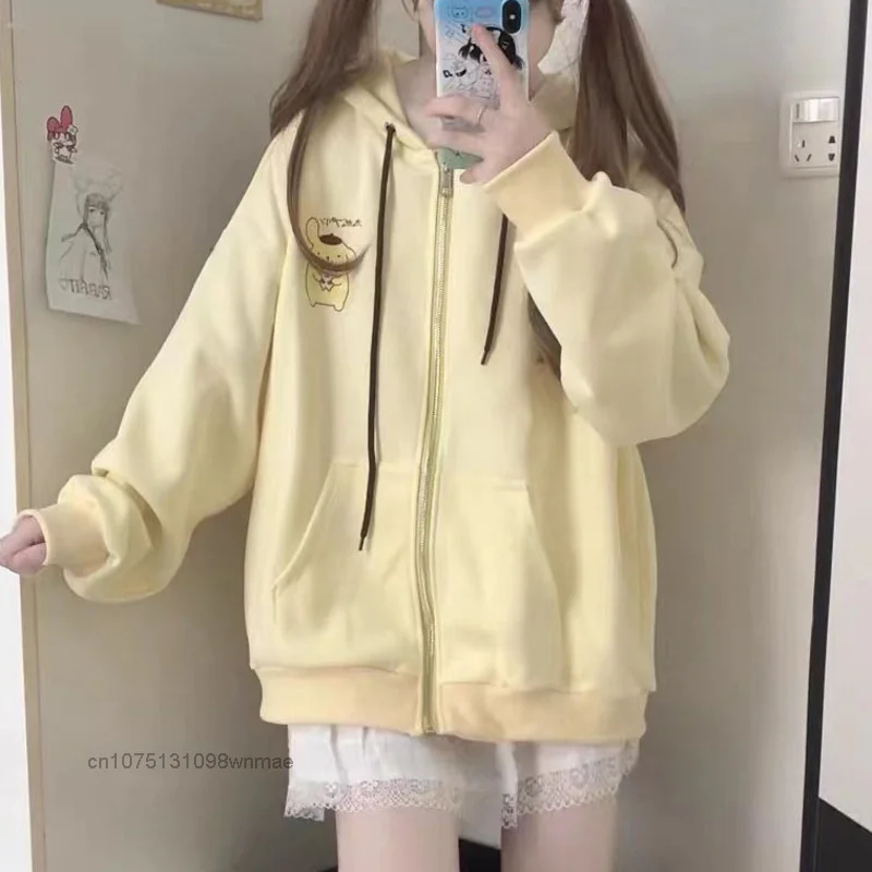 Sanrio Pom Pom Purin Hooded Zipper Sweaters Y2k Long Sleeve Coat with Cute Long Ears Hat Women Autumn Casual Loose Sweet Hoodie