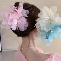 Pinza de pelo de cangrejo de flores de perlas de gasa de súper Hada, garra de pelo de moda, Clip de tiburón de cola de caballo Popular, pasadores de mujer, horquillas