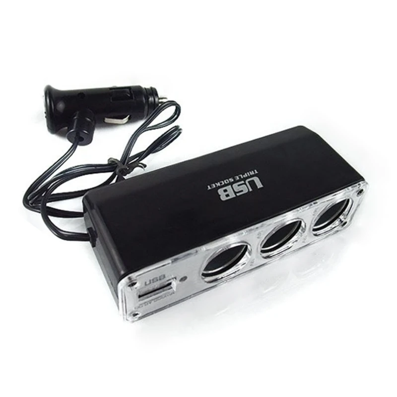 3 Way Car Socket Adapter Splitter with USB Charging Port 12V/24V Triple