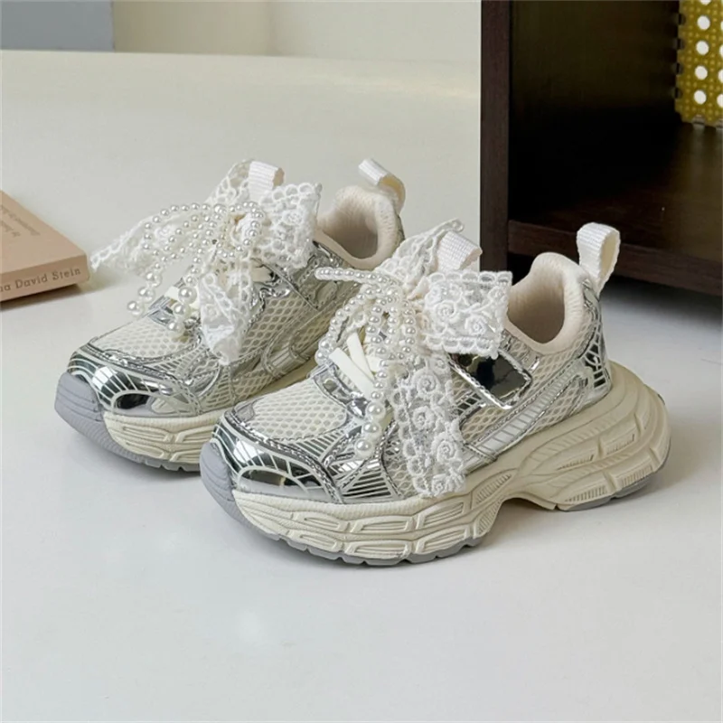 2025 New Spring Children Shoes For Girls Mesh Breathable Pearl Butterfly-knot Kids Sport Shoes Soft Sole Fashion Girls Sneakers