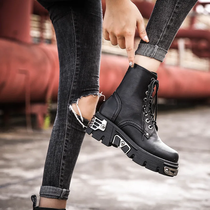 Retro Metal Decor Women Ankle Boots Thick Sole Platform Shoes Woman High Tops Boot Lace-up Autumn Winter Botas Mujer