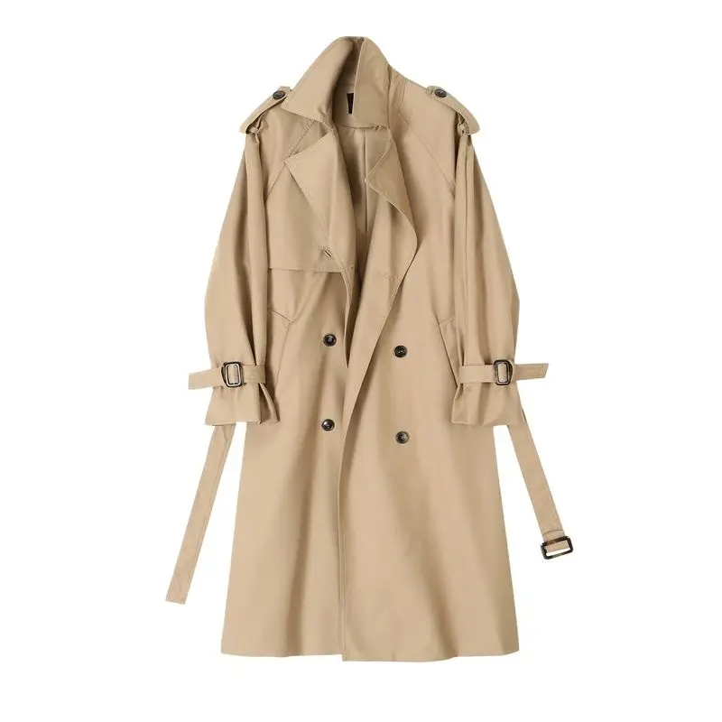 

2023 Spring Autumn New British style Double-breasted draped Loose medium length Trench Coats Women's Clothing Khaki Blue jp882