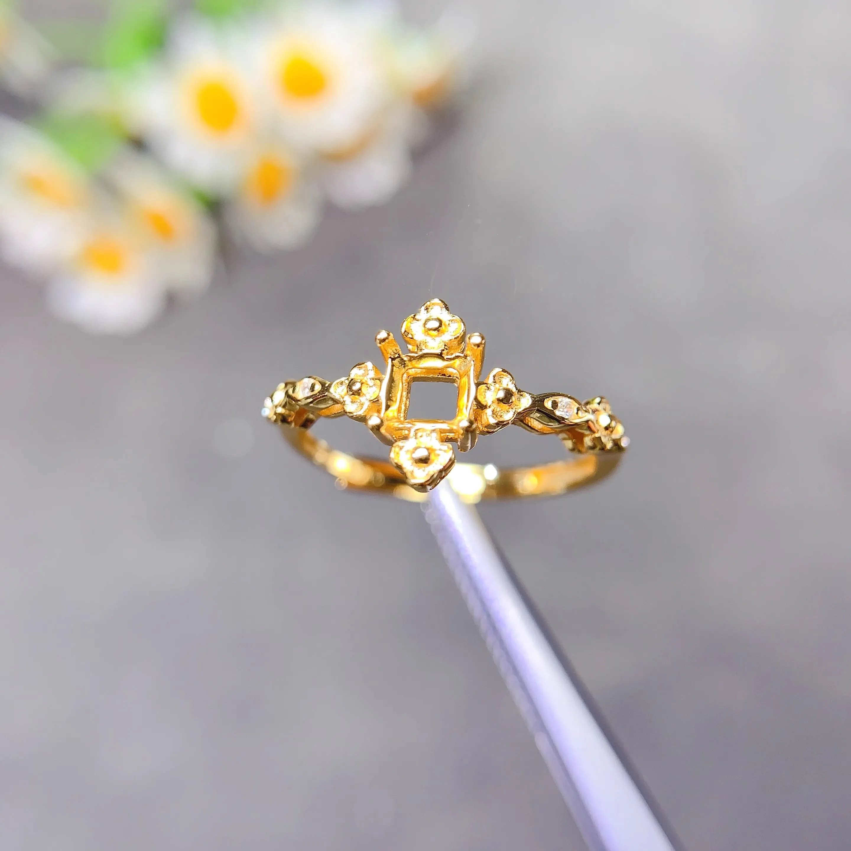 Setting 4/5mm Square Stone S925 Sterling Silver Empty Holder DIY Ring Fine Weddings Simple Flower Design Charm Jewelry for Woman