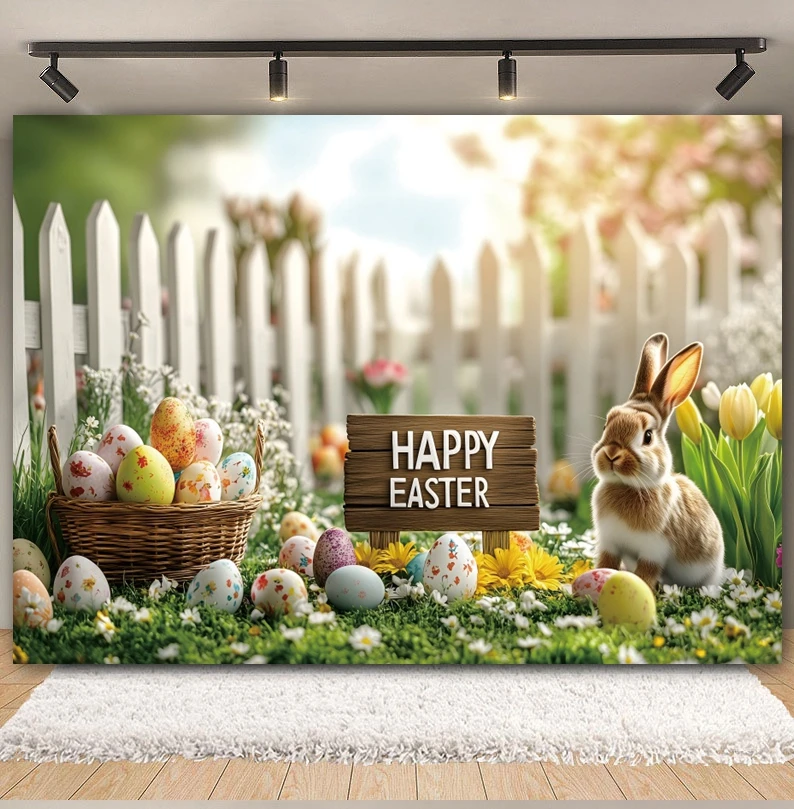 Happy Easter Backdrop Rabbit Colorful Eggs Spring Garden Fence Flowers Grass Easter's Day Baby Shower Photography Background