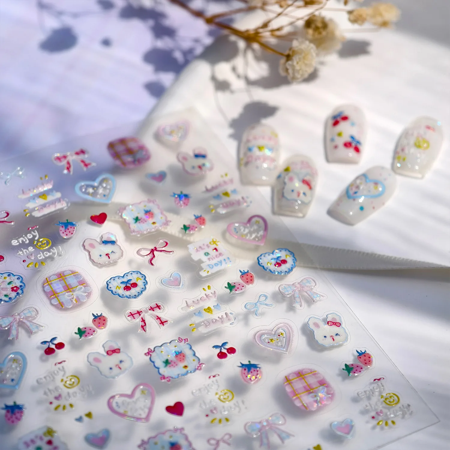 

Soft Bunny Strawberry Nail Art Stickers Broken Glass Sparkle Sweet Bow Heart Design Self Adhesive High Quality Glossy for Women