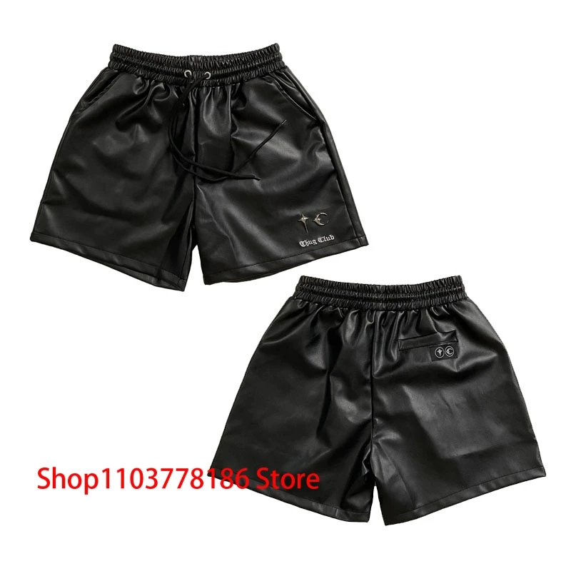 Streetwear THUG CLUB Leather Shorts American Hip Hop Metal Logo Men Women Elastic Waist Drawstring Casual Short Pants