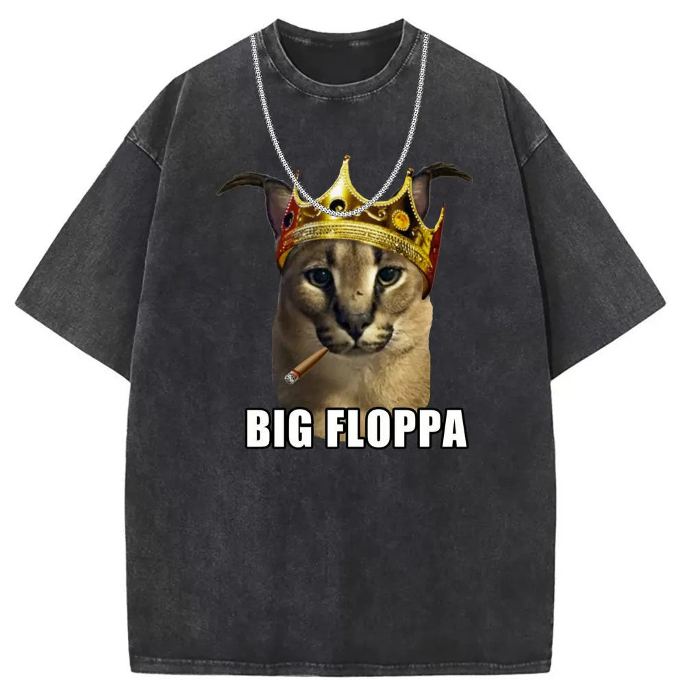 Big Floppa Funny Smoking T-shirts Man Round Neck Long Sleeve Tee Shirt Men Unisex Vintage Printed Washed Cotton Sweatshirts