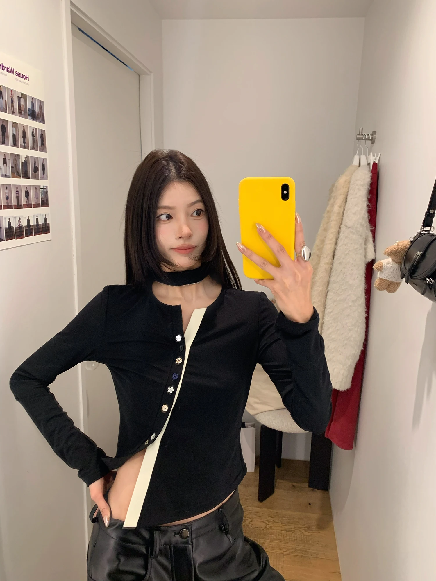 

Color Block Long Sleeve T-Shirt Silk Material Multiple Buckles Design Dental Bracelets Large Dog Fun Heart Casual Style Women...