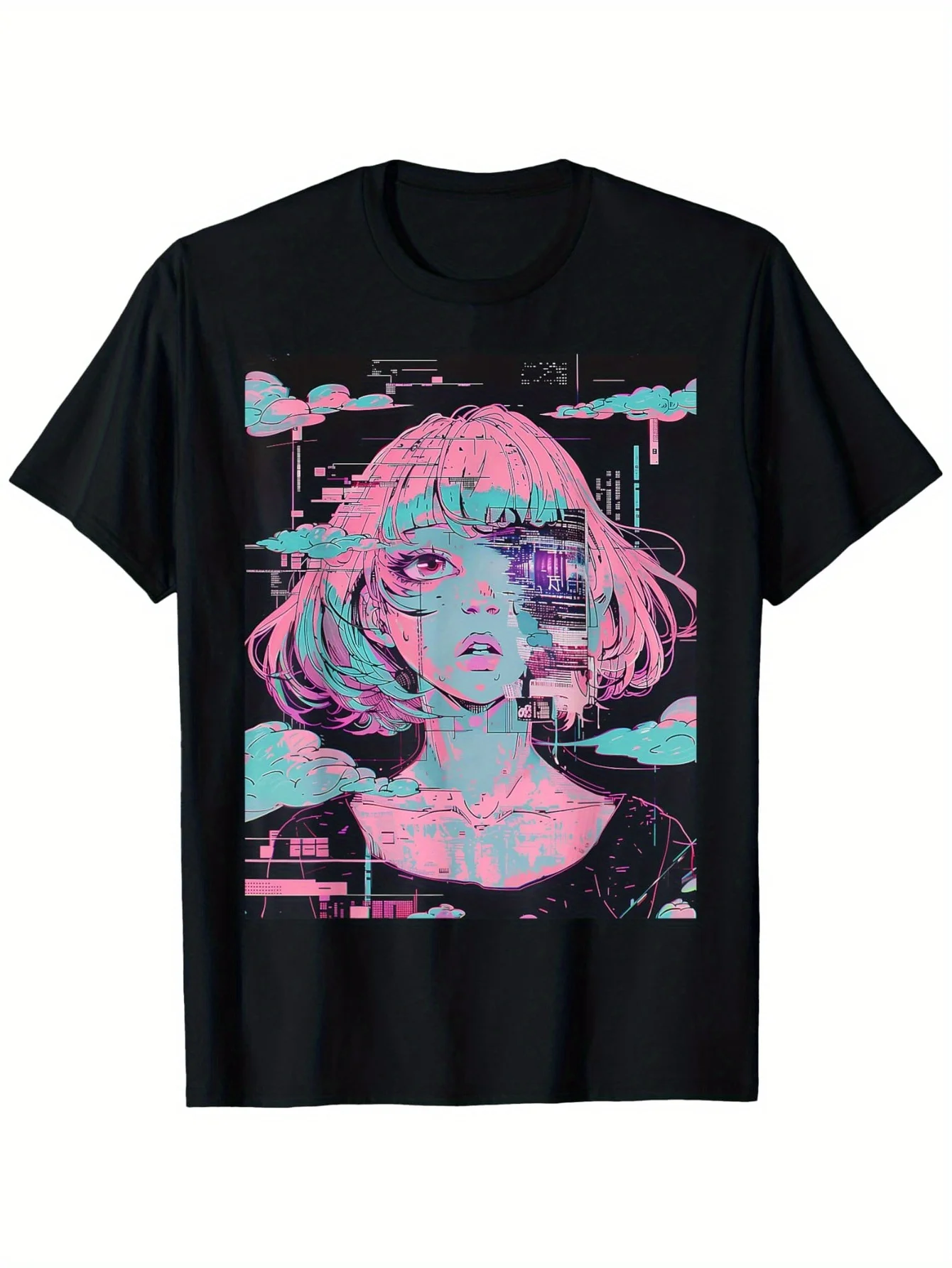 تي شيرت Anime Vaporwave Glitchcore Pastel Goth المتعثر، 100% قطن، وزن نسيج 180 جرام، تي شيرت كاجوال للعطلات