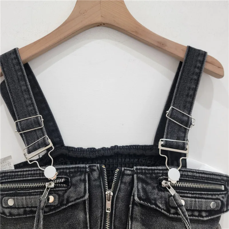 GetSpring Women Camis 2024 Autumn Retro Sleeveless Large Pockets Zipper Denim Tanks Fashion All Match Blue Black Jean Crop Tops