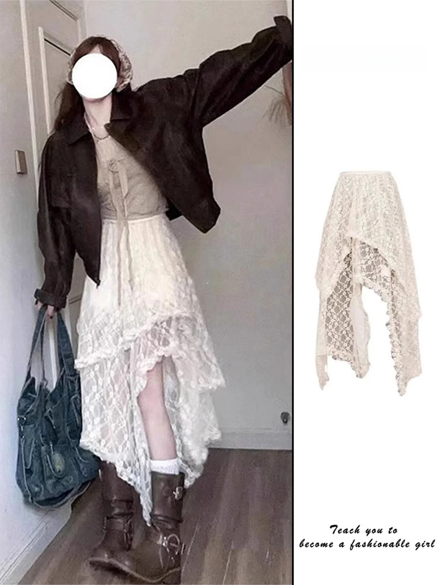 

Lace Layering Asymmetrical Midi Skirt Women's Autumn Winter New Sle Net Curtain Apron High Waist A-Line Skirt Casual Wear