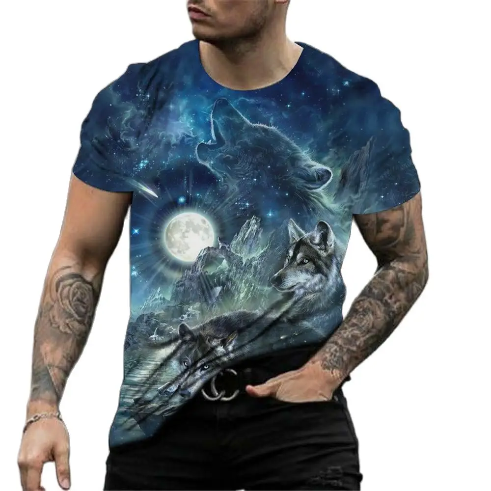 Vintage T Shirt Mens 3D Animal Print Short Sleeve Tops Casual Street Wolf Graphics T-shirt Oversized Tee Shirt Men Clothing