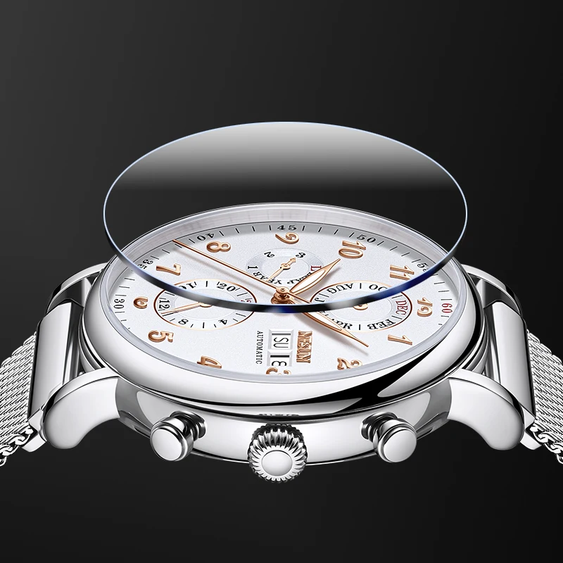 NESUN automatic mechanical men's watch, multi-functional luminous stainless steel classic business men's watch