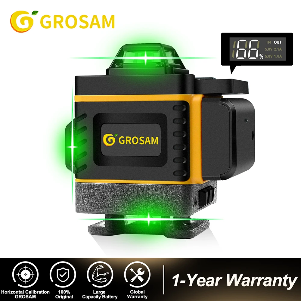 

GROSAM 4D Green Laser Level Sharp Diodes 360 лазерный уровень 16 Lines nivel láser With Display Remote Control Magnetic Hanger