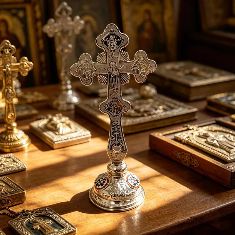 

New 2026 Vintage Silver Plated Orthodox Standing Blessing Cross with Icons for Home Altar Prayer Devotion Christian Gift Decor