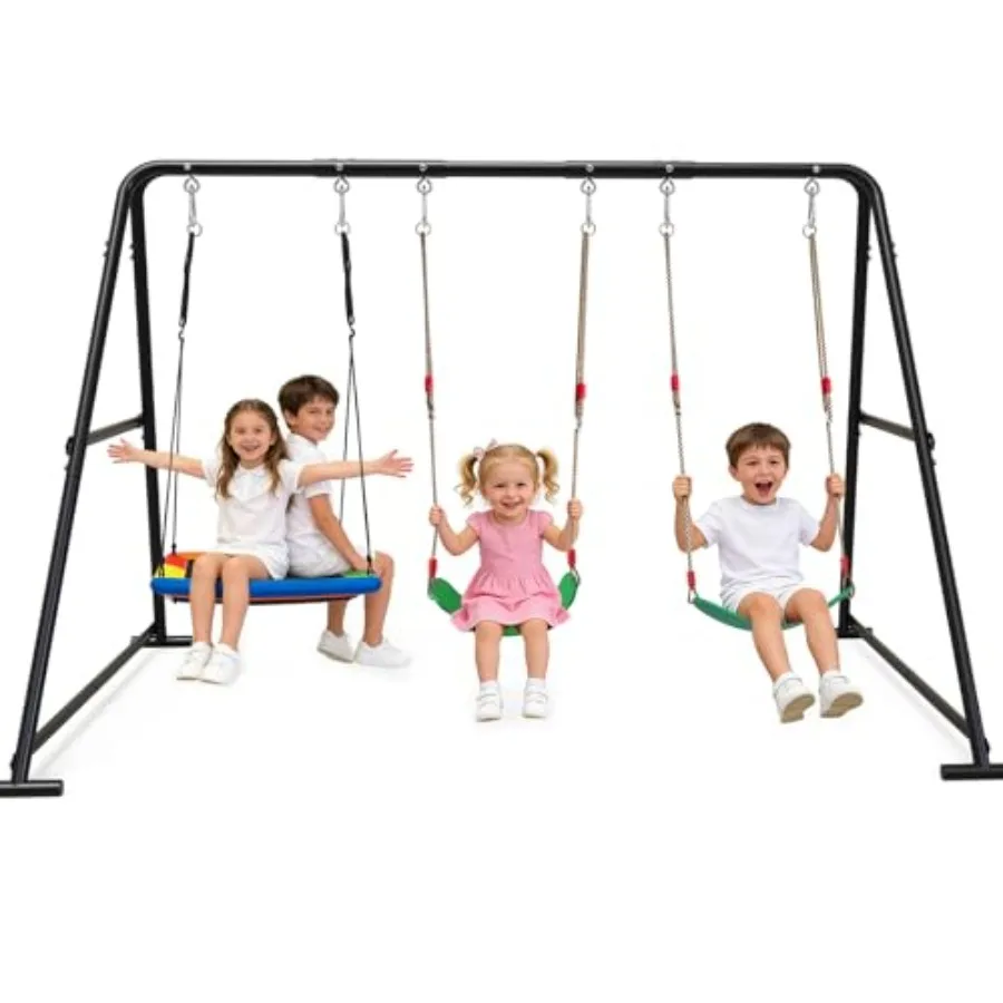 

Backyard 3-in-1 swing set for kids and adults: metal frame, black, 600lbs capacity, includes 1 platform + 2 belt swings, heavy-