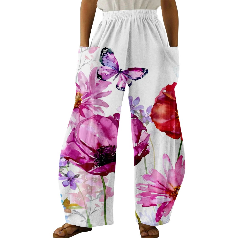 Casual Butterfly & Floral Print Pants Women Sweatpants Trousers Streetwear Joggers Oversized Beach Pants with Pockets Women