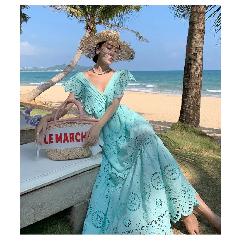 Tiro real de estilo fada personalizado recorte bordado babados mangas voadoras profundo decote em v cintura vestido saia longa