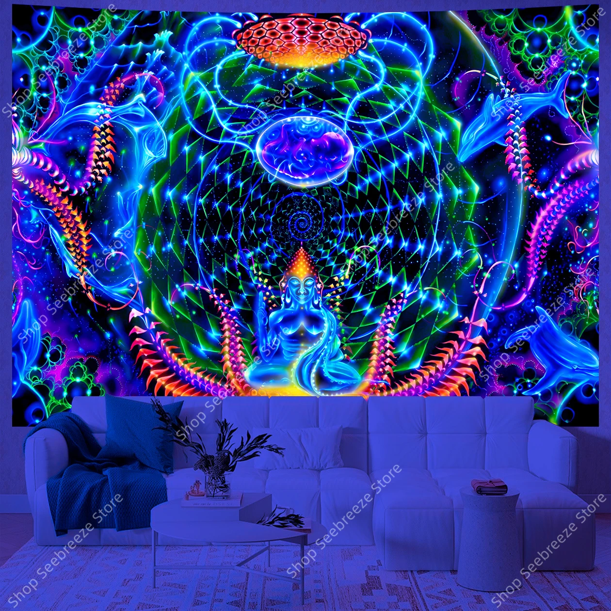 متوهجة قنديل البحر بوذا التأمل الأشعة فوق البنفسجية نسيج مع لوتس والمرجان باطني اليوغا غرفة نوم ديكور بوهو جدار الشنق الفن