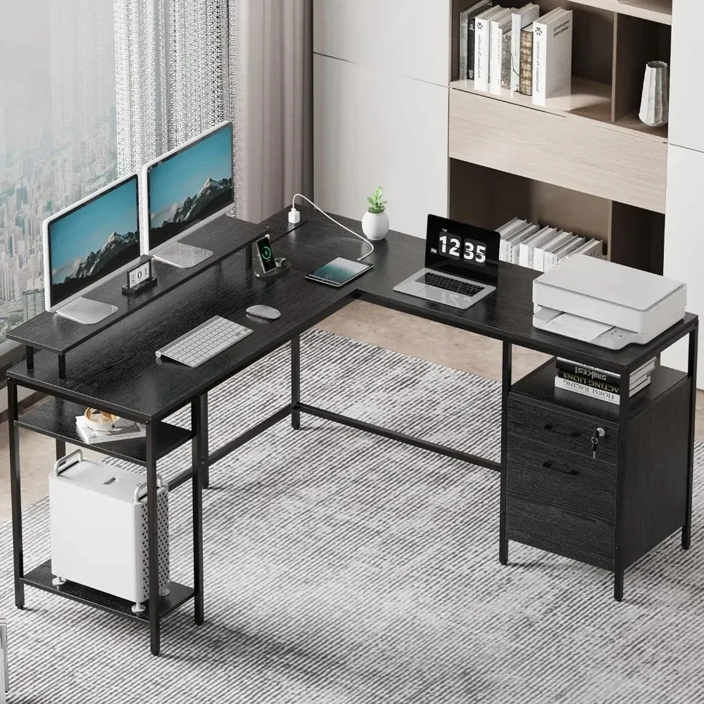 

L Shaped Desk With Monitor Stand & Storage Shelves Corner Desk Home Office Desk Table Pliante Black Room Desks Furniture Reading